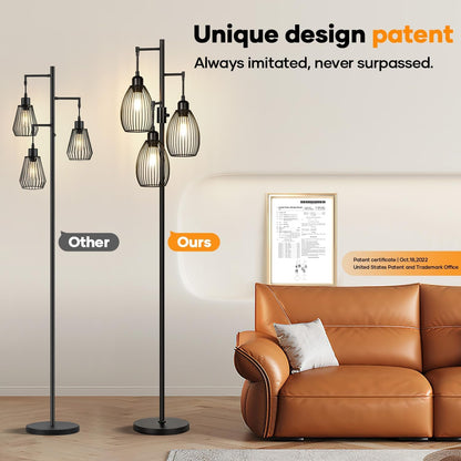 Dimmable Floor Lamp, 3 X 800LM LED Edison Bulbs Included, Farmhouse Industrial Floor Lamp Standing Tree Lamp with Elegant Teardrop Cage Tall Lamps for Living Room Bedroom Office Dining Room-Black8