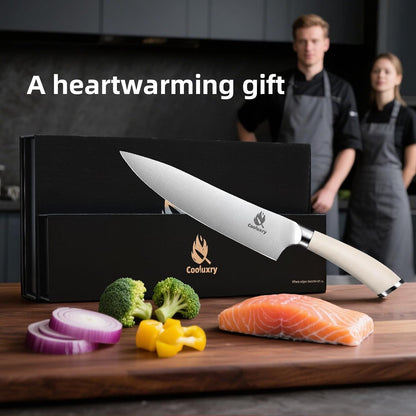 Professional White Chef Knife - 8 Inch High Carbon Stainless Steel Kitchen Knife with Ergonomic White Handle for Precise Cutting7