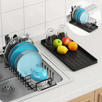 Sink Dish Drying Rack - Expandable Small Dish Rack over Sinks with Silicone Drying Tray, Dish Drainer for Kitchen Counter with Cutlery Holder, Drying Rack Fit for 14’’-19’’ Kitchen Sink1