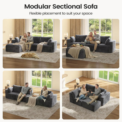 108" Cloud Couch Sectional for Living Room, L Shaped Convertible Sofa Set with 2 Pillows and 3 Cushions Back, Corduroy Modular Boneless Couch with Ottoman, Dark Grey4