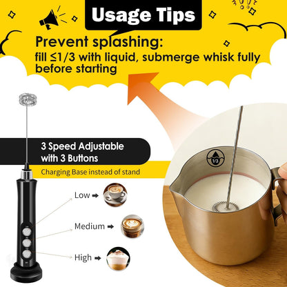 Rechargeable Milk Frother Handheld with 3 Detachable Stainless Steel Whisks, 3 Speed Adjustable Electric Whisk Foam Maker, Handheld Drink Mixer, Frother Wand for Coffee, with Storage and Charging Base3