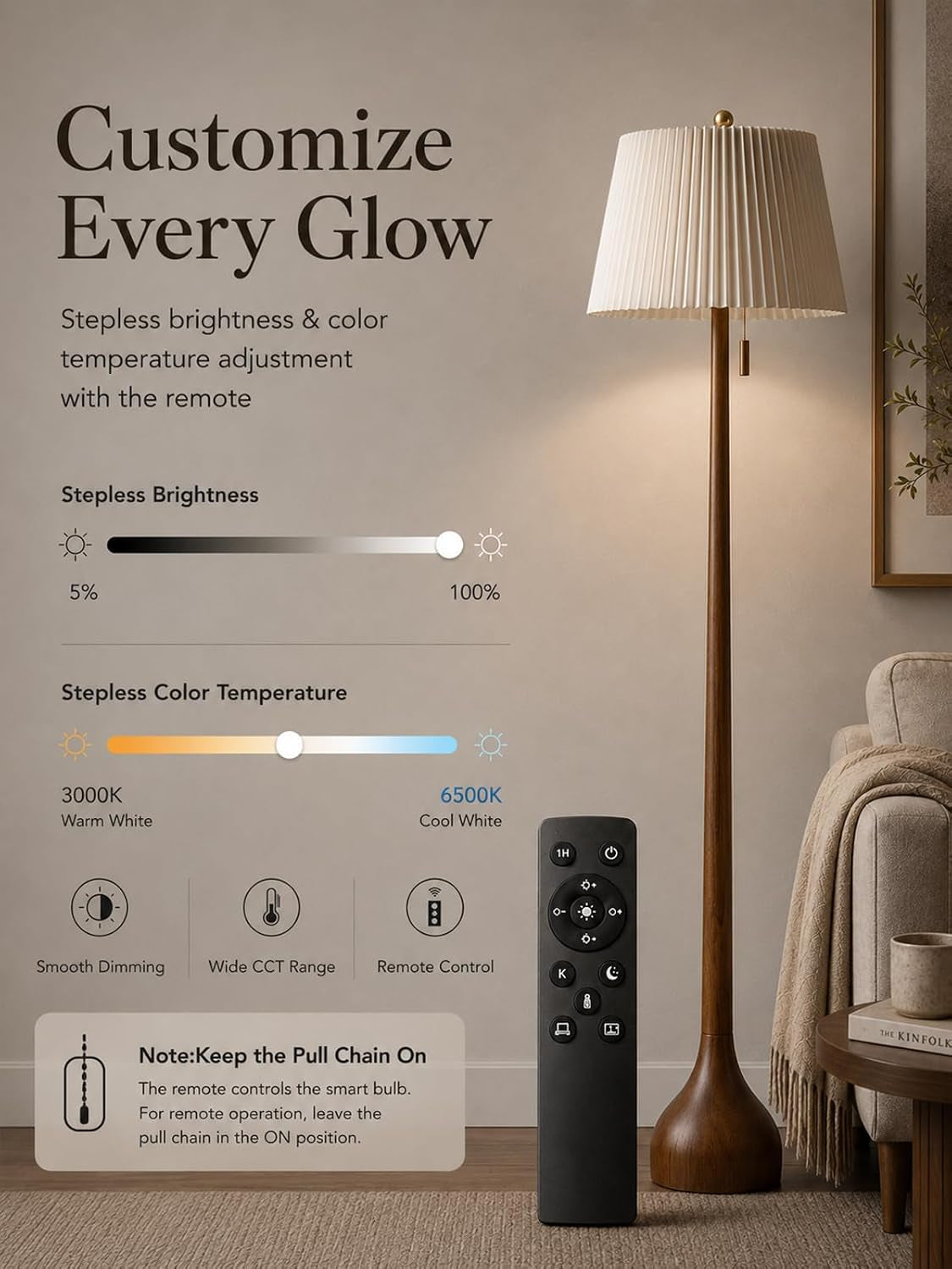 mid-century-modern-real-wood-floor-lamp-with-remote-2-shades-65-tall-sculptural-teardrop-base-foot-switch-stepless-dimming-3-color-temperatures-1h-timer-bulb-included
