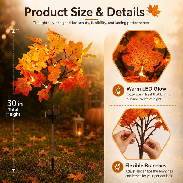 Fall Decor Solar Garden Lights, 2 Pack Maple Leaf Path Lights with 8 Lighting Modes, 40LED Maple Trees Stake Lights, Pathway Lights for Autumn Patio Halloween Thanksgiving Decorations (Orange - Leaf)9