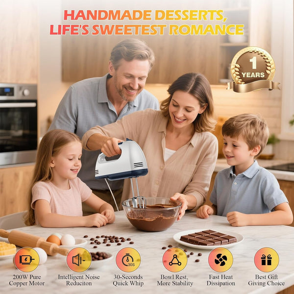 7-Speed Electric Hand Mixer – Portable Food Mixer Kitchen Mixer with 304 *(1X Whisk, 2X Beater, 2X Dough Hook) for Baking Cakes, Cream, Cookies, WHITE2