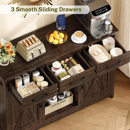 Coffee Bar Cabinet with 3 Drawers, Farmhouse Buffet Cabinet5