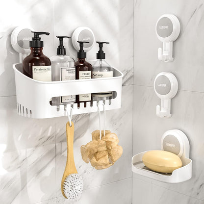 4 Pack Shower Caddy Set - Suction Cup Shower Shelf+Soap Dish+Hooks - 1 Sec Installation No-Drill Removable Powerful Waterproof Organizer for Bathroom/Kitchen/Rv 22LBS Capacity Removable1