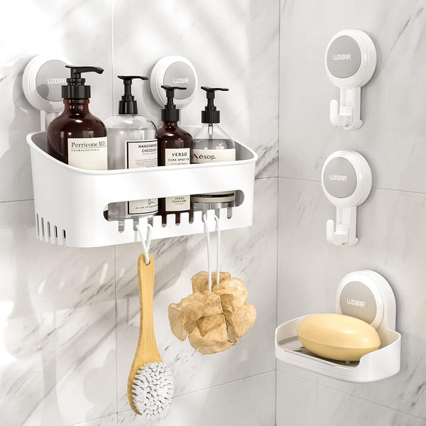 4 Pack Shower Caddy Set - Suction Cup Shower Shelf+Soap Dish+Hooks - 1 Sec Installation No-Drill Removable Powerful Waterproof Organizer for Bathroom/Kitchen/Rv 22LBS Capacity Removable1