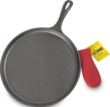 Pre-Seasoned Cast Iron Griddle with Red Handle Holder, 10.5 Inches | Includes Red Silicone Handle Holder, Heavy Duty Flat Cooking Pan for Breakfast Favorites & Everyday Cooking1