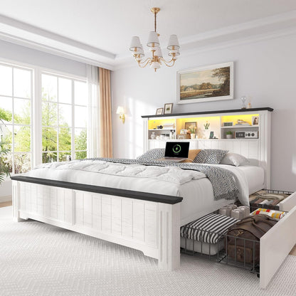 Full Size Bed Frame with Headboard and Storage,4 Drawers,White1
