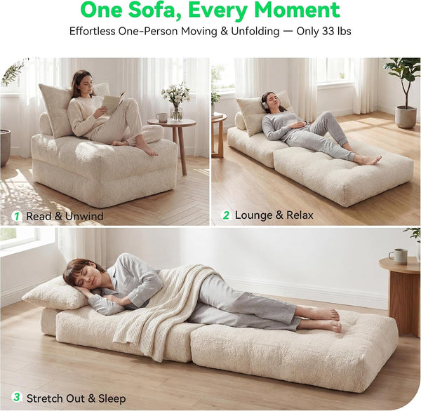 3-In-1 Folding Sofa Bed, Convertible Sleeper Chair Bed, Beige3