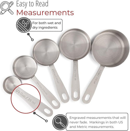 5-Piece Stainless Steel Measuring Cups Set - Heavy Duty Metal Measuring Cups with 1/8 Cup Size - Engraved Imperial & Metric Markings for Dry & Liquid Baking Ingredients, Stackable4