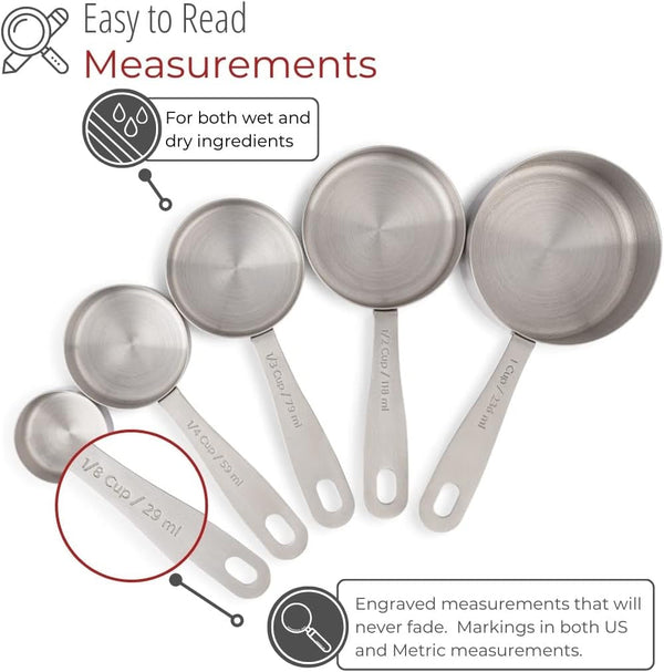 5-Piece Stainless Steel Measuring Cups Set - Heavy Duty Metal Measuring Cups with 1/8 Cup Size - Engraved Imperial & Metric Markings for Dry & Liquid Baking Ingredients, Stackable4