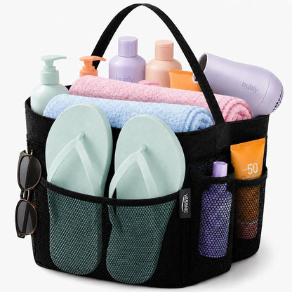 Mesh Shower Caddy Portable for Dorm College Room Essentials, 8-Pocket Large Shower Bag with Single Handles, Hanging Shower Basket for Beach, Swimming, Bathroom, Beach, Black1