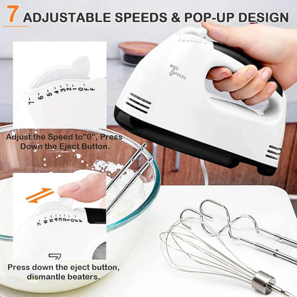 Electric Hand Mixer - 7 Adjustable Speed 180W Handheld Mixer Electric Whisk with 5 Stainless Steel Accessories, Turbo Boost/Self-Control Speed + Eject Button Food Beater for Cakes Eggs, Off-White6