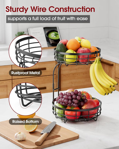 Fruit Basket for Kitchen Counter - 2-Tier Large Capacity Fruit Bowl with Detachable Banana Hanger, Rust-Proof Metal Fruit Holder for Vegetables, Bread, Toiletry,10" D X 10" W X 14" H, Black5