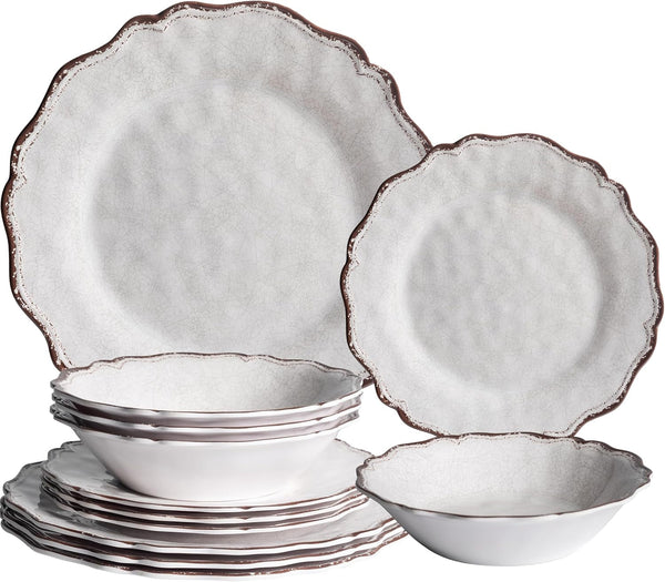 12 Piece Farmhouse Melamine Dinnerware Set, White Plate and Bowl Set1