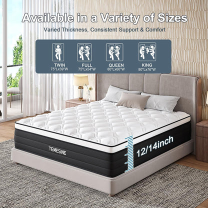 King Size Mattress, 14 Inch Hybrid Mattress in a Box with Individual Pocket Spring, Gel Memory Foam and Euro Top, Medium Firm Feel with Motion Isolation, Pressure Relief, Edge Support,Black6