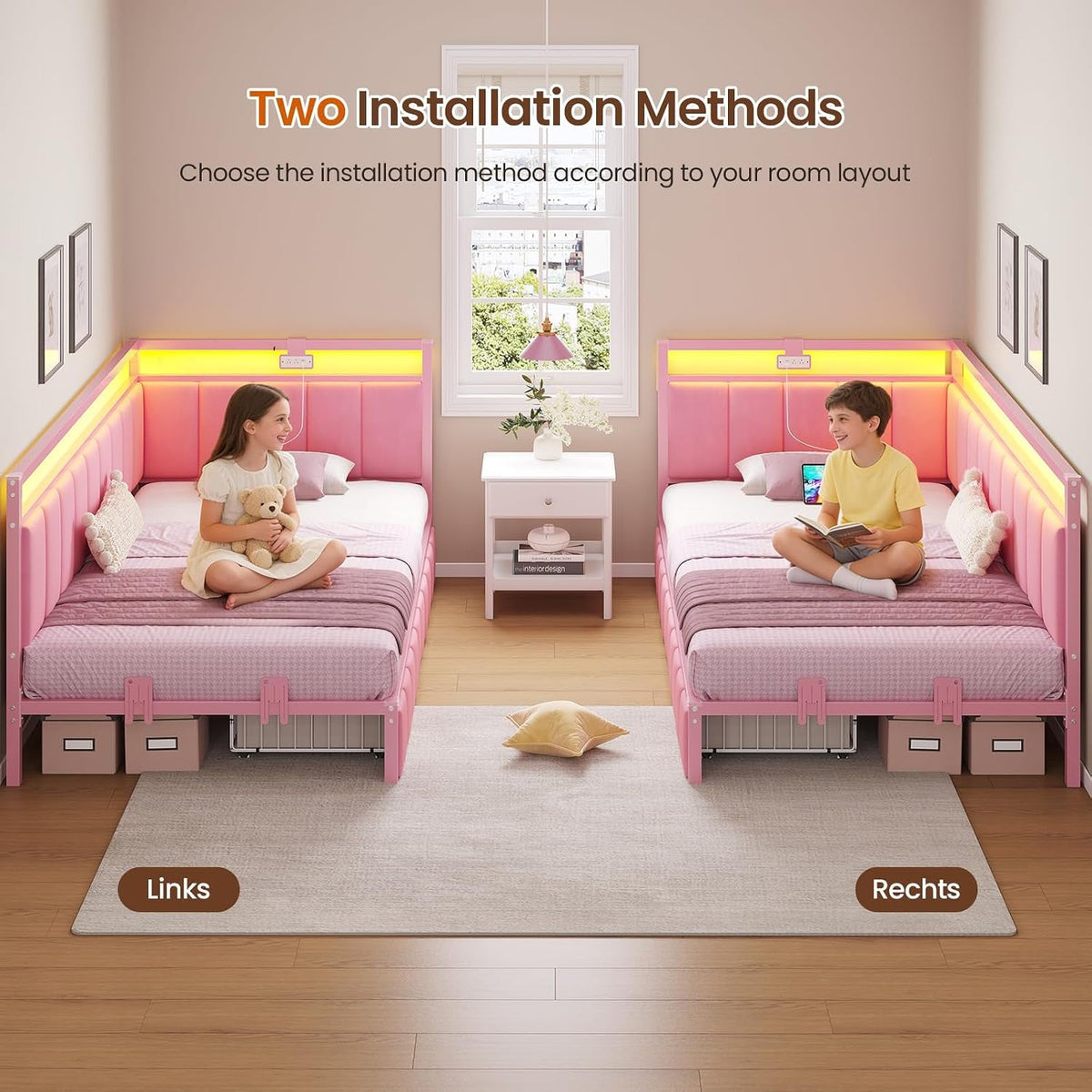 twin-corner-bed-frame-with-2-storage-drawers-and-charging-station-velvet-girls-platform-bed-frame-twin-size-with-led-lights-and-upholstered-guardrail-twin-size-daybed-for-kids-and-teen-pink