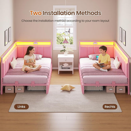 Twin Corner Bed Frame with 2 Storage Drawers and Charging Station Velvet Girls Platform Bed Frame Twin Size with Led Lights and Upholstered Guardrail,Twin Size Daybed for Kids and Teen,Pink9