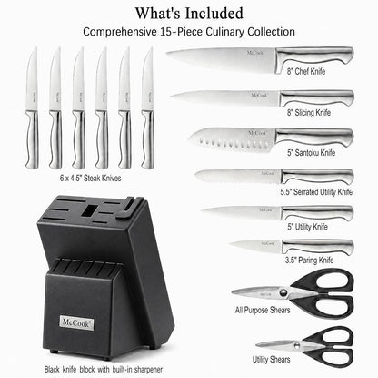 Knife Set Sharp Kitchen Knife Block Set W Built-In Sharpener | German Forged Stainless Steel,15 Pc,Razor Sharp,Anti-Rust,Restaurant Grade,Ergonomic Handle,Full Tang,Gift Box2