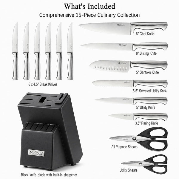 Knife Set Sharp Kitchen Knife Block Set W Built-In Sharpener | German Forged Stainless Steel,15 Pc,Razor Sharp,Anti-Rust,Restaurant Grade,Ergonomic Handle,Full Tang,Gift Box2