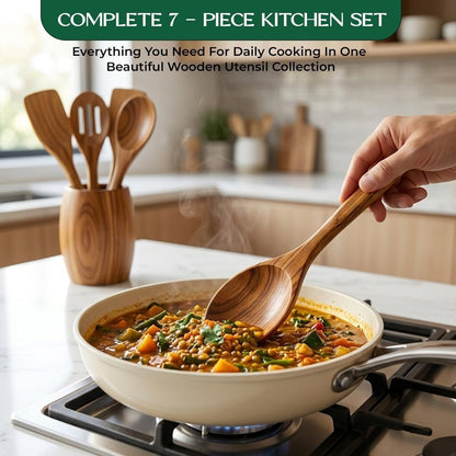 Wooden Utensil Set with Holder, Teak Wood Cooking Spoons, Slotted Spatula, Skimmer, Ladle, 7 Piece3