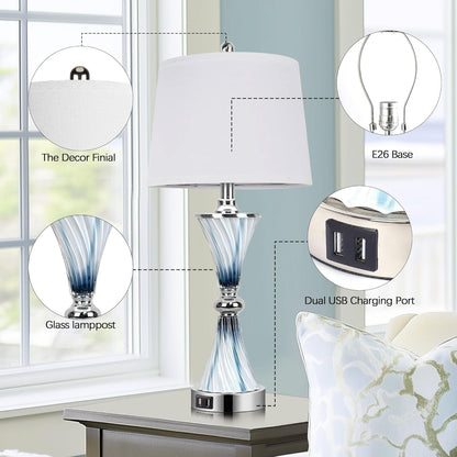 3-Way Dimmable Touch Glass Table Lamps for Bedrooms with 2 USB Ports Set of 2 Coastal Beach Bedside Lamps for Contemporary Modern Night Stand Lamps with 2 LED Bulbs for Lighting Decor3