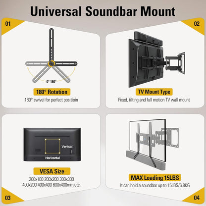 Soundbar Mount Bracket Fits Most of Soundbars up to 15 Lbs | Sound Bar Mount for Mounting above or under TV, with Detachable Long Extension Plates, MD54204