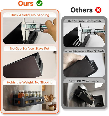 4-Pack Magnetic Spice Rack for Refrigerator with Hooks, Black | Strong Multipurpose Magnetic Shelf for Kitchen & Bathroom Organization. Includes 4 Removable Hooks for Hanging Items.8