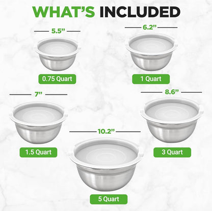 10 Piece Stainless Steel Mixing Bowls with Lids Set, Dishwasher Safe, 5 Stackable Nesting Bowls and 5 Bpa-Free Lids for Kitchen, Cooking, Food Storage, Meal Prepping, Mixing & Serving7