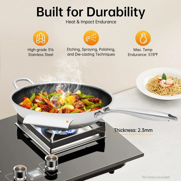 13.4 Inch Skillet Nonstick, 316 Stainless Steel Nonstick Wok Pan with Lid-Honeycomb Stir-Fry Skillet, Stir-Fry Wok with Lid Suitable for Gas Stoves, Induction Cookers and Ceramic Stove4