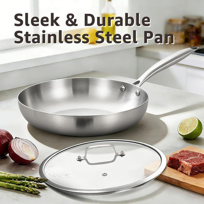 8 Inch Stainless Steel Frying Pan with Lid, Riveted Handle | Tri-Ply Stainless Steel Skillet, Fast & Even Heating, Stay-Cool Handle, Induction Cooking Pan, Dishwasher and Oven Safe2