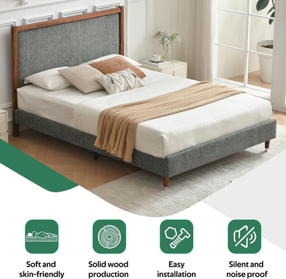 Queen Size Upholstered Platform Bed Frame with Wood Trim Headboard7