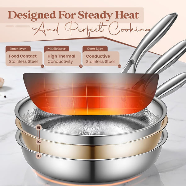 Titanium Frying Pan, Hammered Non-Stick Skillet with Glass Lid & 4 Spatulas, Pfas/Pfoa/Ptfe-Free, Tri-Ply Stainless Steel, Induction & Oven Safe, Dishwasher Safe Cookware5