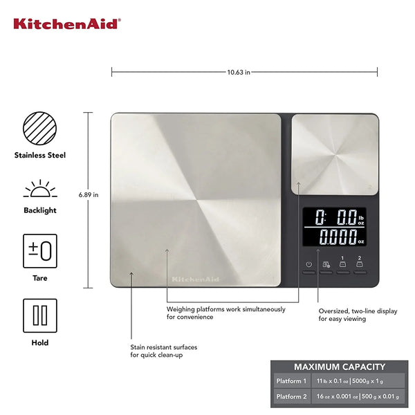 Kitchenaid KQ909 Dual Platform Digital Kitchen and Food Scale, 11 Pound Capacity and Precision 16Oz Capacity, Black with Stainless Steel4