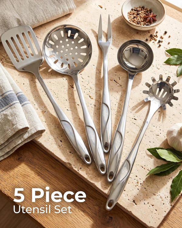 Stainless Steel 5 Piece Cooking Utensil Set | Stainless Steel Kitchen Utensil - Durable Kitchen Gadgets - Metal Kitchen Accessories - Easy to Clean Tools - 5 Piece Set10