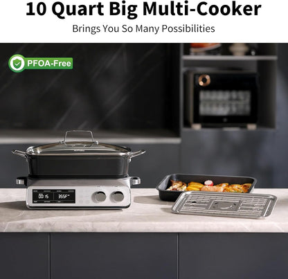N21NA Pro Slow Cooker 10 Quart, 8-In-1 Programmable Pfoa-Free Ceramic Coated Multi-Cooker with Grill Pan, Steaming Plate (Includes Silicone Spoon & Tongs)2