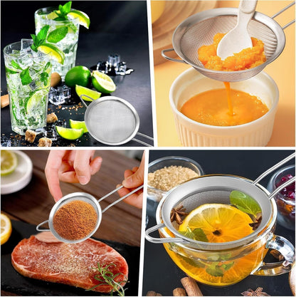 Premium Stainless Steel Fine Mesh Strainers for Kitchen 3-Piece Set with Non-Slip Handle, Small, Medium & Large Sieves, Colanders and Sifter for Sifting, Straining, Pastas Tea, Rice Vegetables3