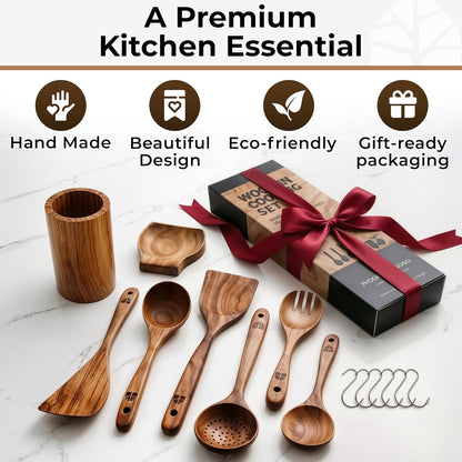 Wooden Utensil Set, 8 Pcs Teak Wooden Spoons for Cooking with Holder7
