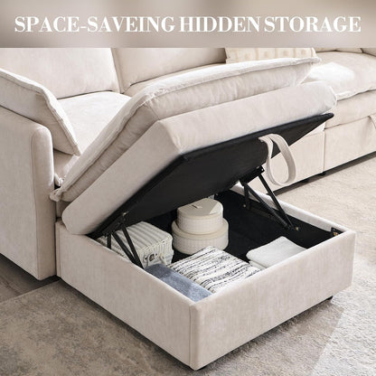 85.83" Modular Sectional Cloud Couches for Living Room, Modern Sectional Sofa with Storage Ottoman, U-Shape 5 Seat Chenille Cloud Sofa with Pillows for Bedroom and Apartment, Beige4
