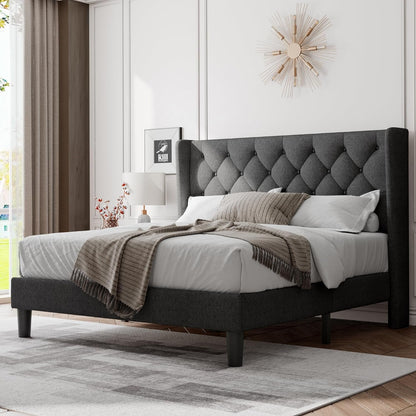 Queen Size Bed Frame with Diamond Tufted Wingback Headboard, Morden Upholstered Platform Bed, Sturdy Wooden Slats Support, Noise-Free, No Box Spring Needed, Easy Assembly, Dark Gray1