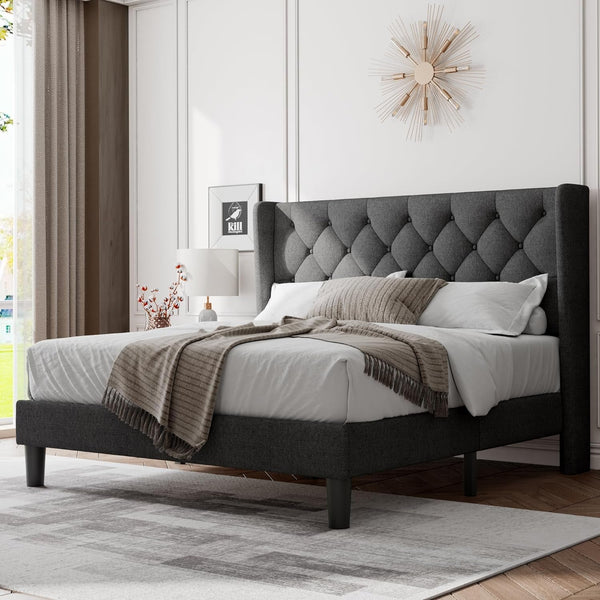 Queen Size Bed Frame with Diamond Tufted Wingback Headboard, Morden Upholstered Platform Bed, Sturdy Wooden Slats Support, Noise-Free, No Box Spring Needed, Easy Assembly, Dark Gray1