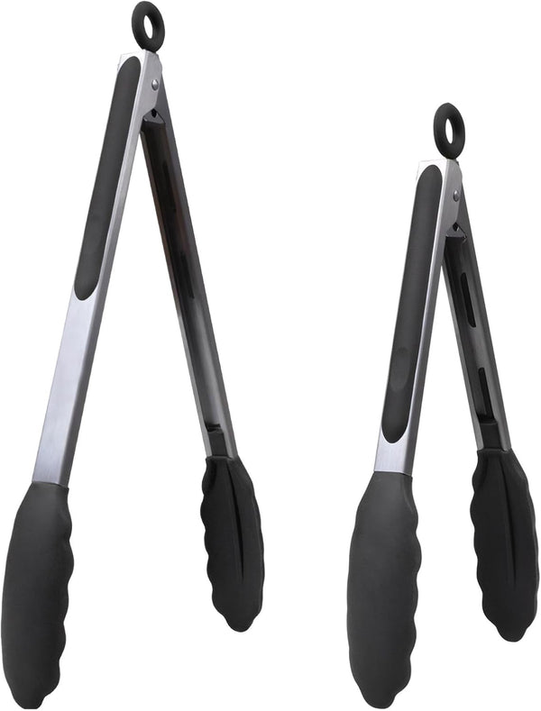 Kitchen Tongs for Cooking with Non-Stick Silicone Tips, 600°F Heat Resistant Silicone Cooking Food Tong Set Heavy Duty Stainless Steel Handle for Baking Grilling BBQ Salad Serving, 9" and 12"1