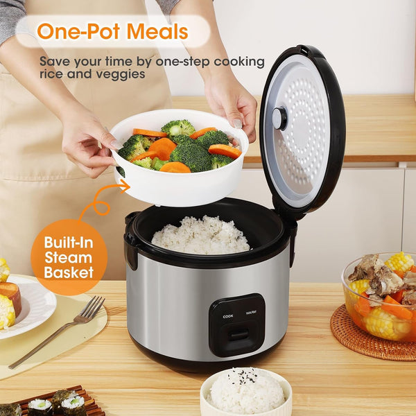 Small Rice Cooker 6 Cups Uncooked with Steaming Basket | Stainless Steel Exterior,Removable Non-Stick Inner Pot for Soups,Stews,Grains&Oatmeal,Compact One Touch & Auto Keep Warm4