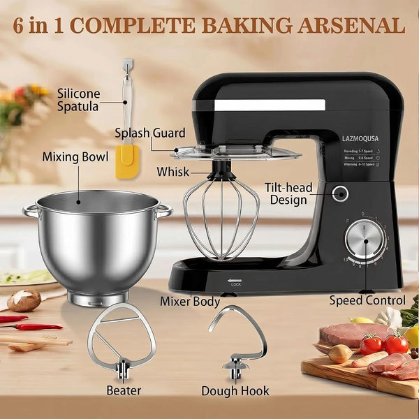 6In1 Stand Mixer with 6.5 Quart Bowl, 660W 10+P Speeds Kitchen Food Mixer Tilt-Head Bread Dough and Cake Mixers for Home Daily Use (Black)7