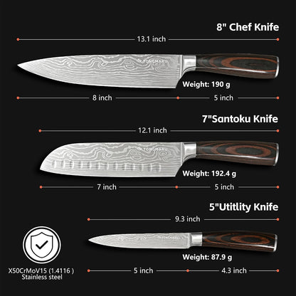 Professional Kitchen Chef Knife Sets, Razor Sharp Premium High Carbon German Steel 3 Pcs Knife Set, Ergonomic Forged Pakkawood Handle, Chef, Santoku & Utility Knife, with Premium Gift Box, for Family8