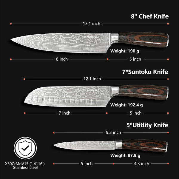 Professional Kitchen Chef Knife Sets, Razor Sharp Premium High Carbon German Steel 3 Pcs Knife Set, Ergonomic Forged Pakkawood Handle, Chef, Santoku & Utility Knife, with Premium Gift Box, for Family8