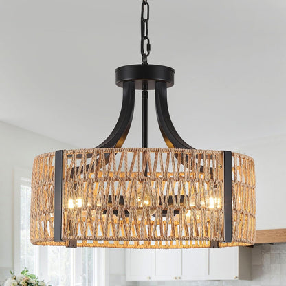 Farmhouse Chandeliers for Dining Room, 5-Light 17.7”Rattan Light Fixture with Wicker Lampshade Hand Woven Boho Chandelier for Kitchen Island, Living Room, Bedroom(E26 Bulbs Not Included)1