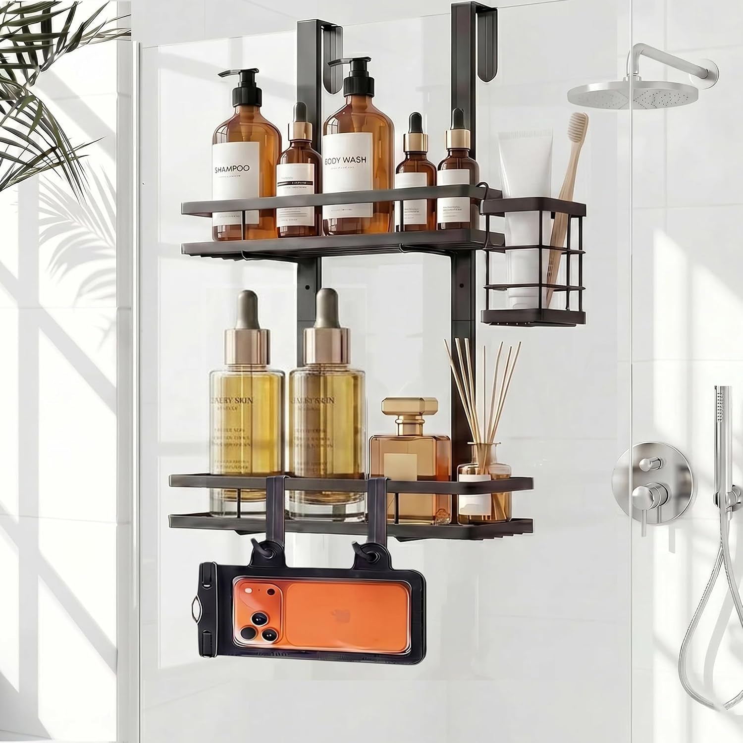 over-the-door-shower-caddy-hanging-rustproof-shower-shelves-with-waterproof-phone-pouch-2-tier-adjustable-bathroom-organizers-and-storage-no-drilling-shower-shelf-black-shampoo-soap-holder