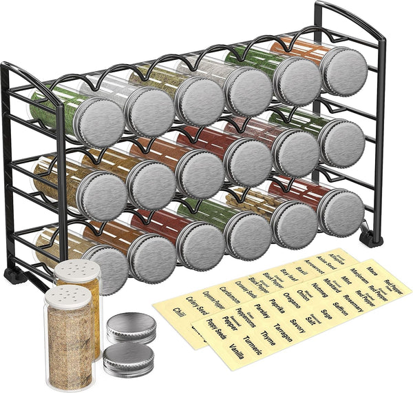 Spice Rack Stand Holder with 18 Bottles and 48 Labels, Black1